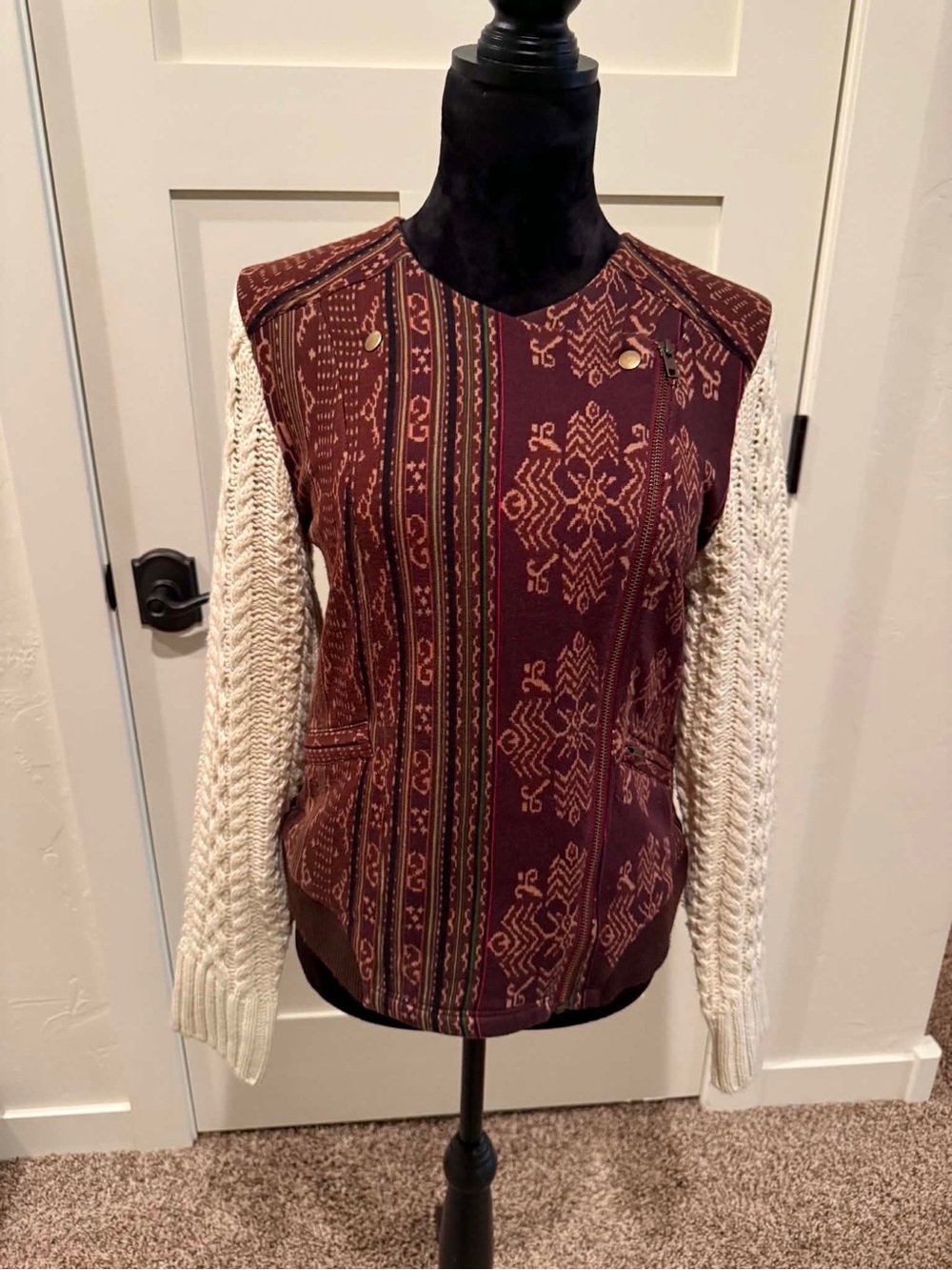 Lilka Women's Burgundy Patterned Long Sleeve with Cream Cable-Knit Sleeves M